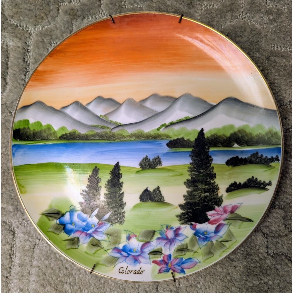 Vtg Norcrest Japan Colorado Scene Plate Hand Painted 10.5" collectible gold trim
